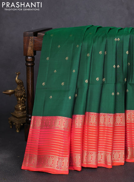 Pure soft silk saree bottle green and dual shade of pinkish orange with allover zari woven buttas and zari woven border