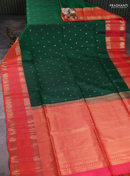 Pure soft silk saree bottle green and dual shade of pinkish orange with allover zari woven buttas and zari woven border