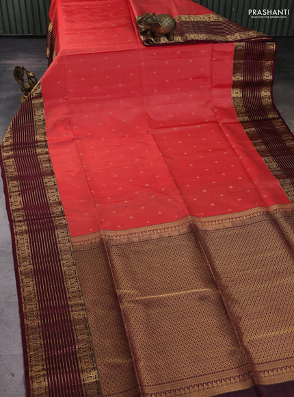 Pure soft silk saree red shade and deep maroon with allover zari woven buttas and zari woven border