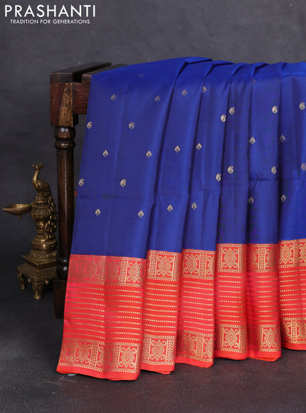 Pure soft silk saree blue and dual shade of pinkish orange with allover zari woven buttas and long zari woven border