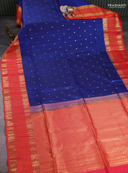 Pure soft silk saree blue and dual shade of pinkish orange with allover zari woven buttas and long zari woven border