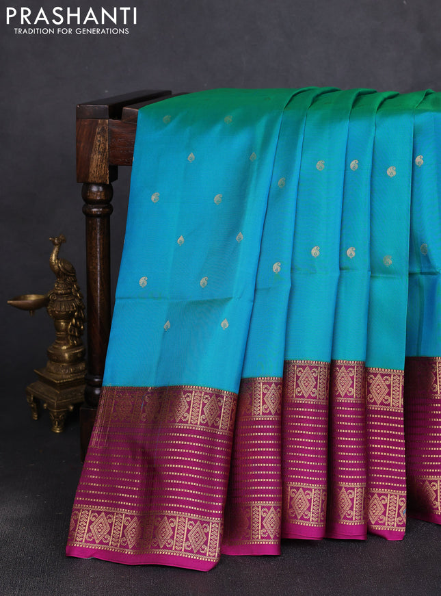 Pure soft silk saree teal blue and purple with zari woven buttas and long zari woven border