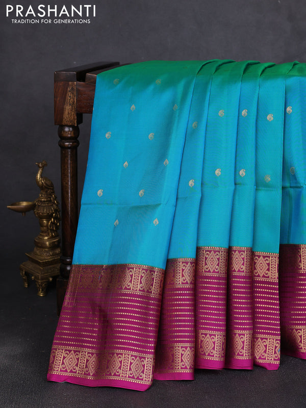 Pure soft silk saree teal blue and purple with zari woven buttas and long zari woven border