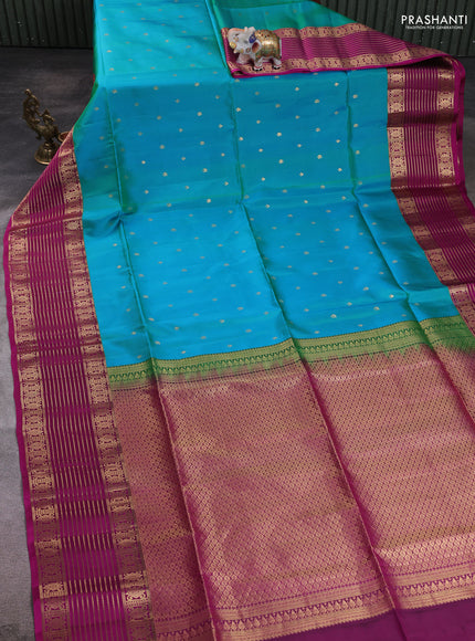 Pure soft silk saree teal blue and purple with zari woven buttas and long zari woven border