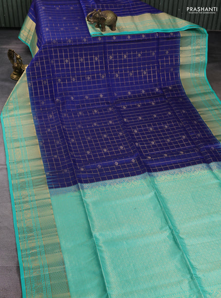 Pure soft silk saree blue and teal blue with allover zari checks & buttas and long zari woven border