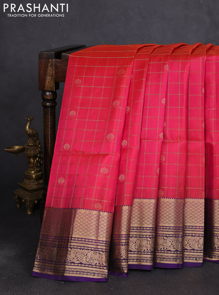 Pure soft silk saree dual shade of pinkish orange and blue with allover zari checks & buttas and long zari woven border