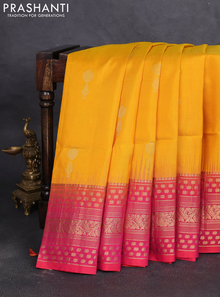 Pure soft silk saree yellow and pink with zari woven buttas and long zari woven border