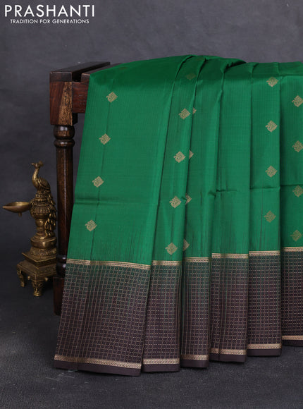 Pure soft silk saree green and coffee brown with zari woven buttas and long zari woven checked border