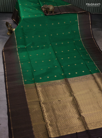 Pure soft silk saree green and coffee brown with zari woven buttas and long zari woven checked border