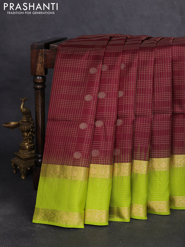 Pure soft silk saree maroon and light green with allover zari checks & buttas and rich zari woven border