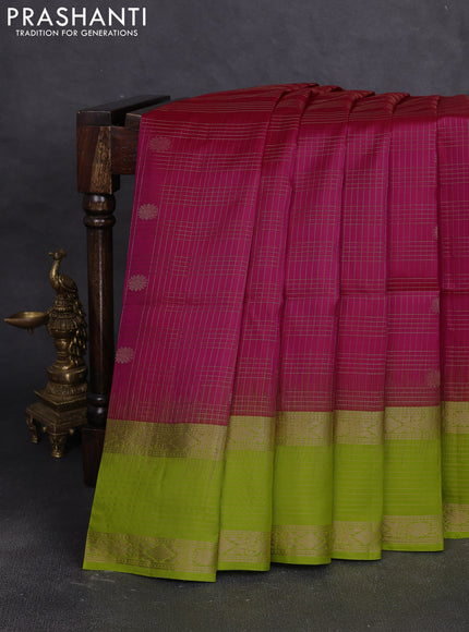 Pure soft silk saree pink and lime green with allover zari checks & buttas and rich zari woven border