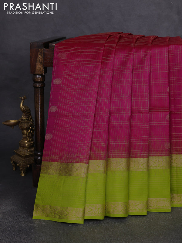 Pure soft silk saree pink and lime green with allover zari checks & buttas and rich zari woven border
