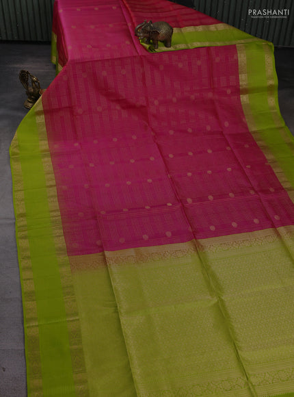 Pure soft silk saree pink and lime green with allover zari checks & buttas and rich zari woven border
