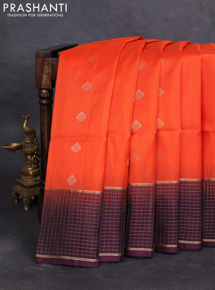 Pure soft silk saree orange and wine shade with allover zari woven buttas and long zari woven checked border