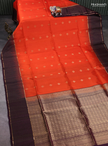 Pure soft silk saree orange and wine shade with allover zari woven buttas and long zari woven checked border