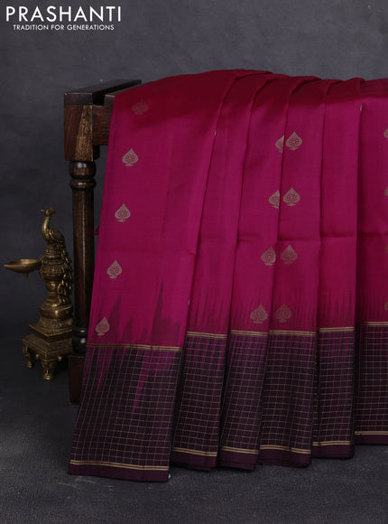 Pure soft silk saree pink and wine shade with allover zari woven buttas and long zari woven checked border