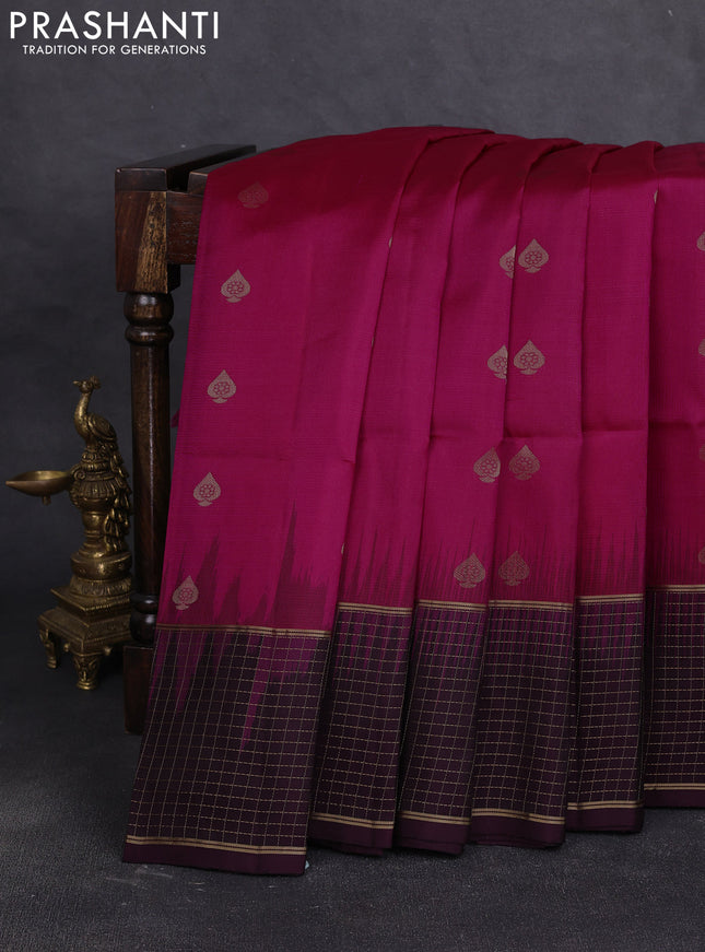 Pure soft silk saree pink and wine shade with allover zari woven buttas and long zari woven checked border