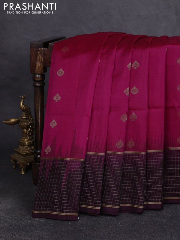 Pure soft silk saree pink and wine shade with allover zari woven buttas and long zari woven checked border