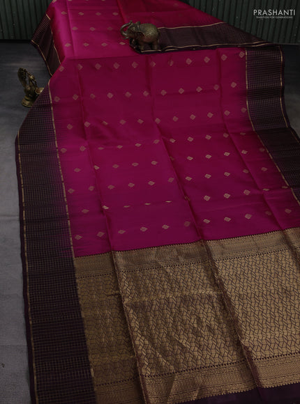 Pure soft silk saree pink and wine shade with allover zari woven buttas and long zari woven checked border