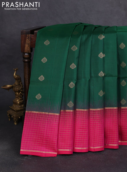 Pure soft silk saree bottle green and pink with allover zari woven buttas and long zari woven checked border