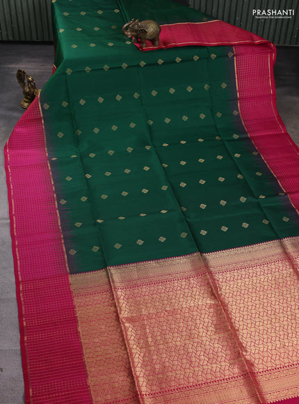 Pure soft silk saree bottle green and pink with allover zari woven buttas and long zari woven checked border
