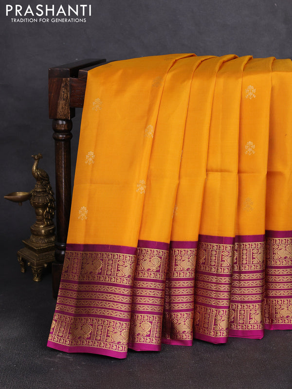 Pure soft silk saree mango yellow and dark magenta pink with zari woven buttas and long zari woven border