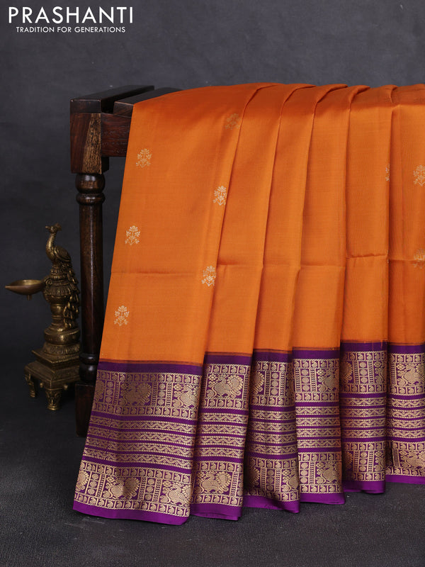 Pure soft silk saree dark mustard and purple with zari woven buttas and long zari woven border