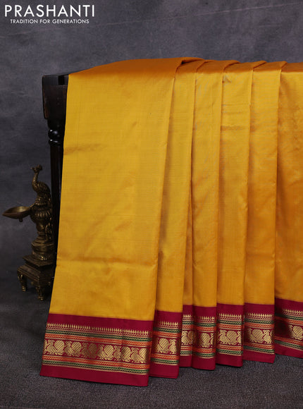 10 Yards pure kanchipuram silk saree mustard yellow and maroon with plain body and zari woven korvai border