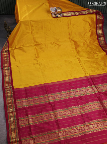 10 Yards pure kanchipuram silk saree mustard yellow and maroon with plain body and zari woven korvai border