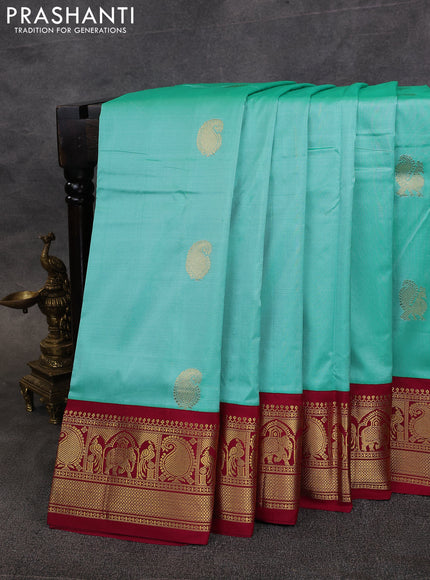 10 Yards pure kanchipuram silk saree teal blue and maroon with annam & paisley zari woven buttas and rich zari woven border
