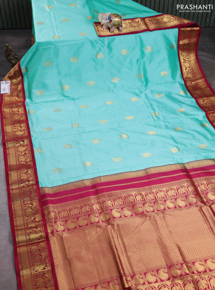 10 Yards pure kanchipuram silk saree teal blue and maroon with annam & paisley zari woven buttas and rich zari woven border