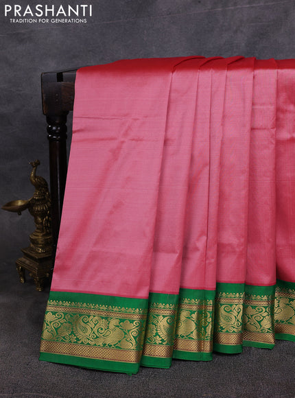 10 Yards pure kanchipuram silk saree dark peach pink and green with zari woven annam buttas and rich zari woven border