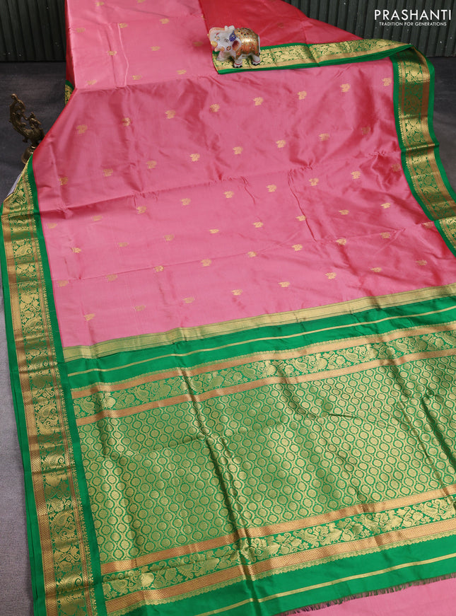 10 Yards pure kanchipuram silk saree dark peach pink and green with zari woven annam buttas and rich zari woven border