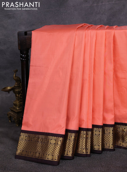 10 Yards pure kanchipuram silk saree peach shade and coffee brown with plain body and zari woven border