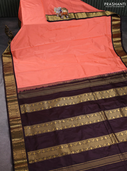 10 Yards pure kanchipuram silk saree peach shade and coffee brown with plain body and zari woven border