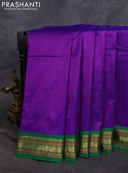 10 Yards pure kanchipuram silk saree purple and green with plain body and annam zari woven korvai border