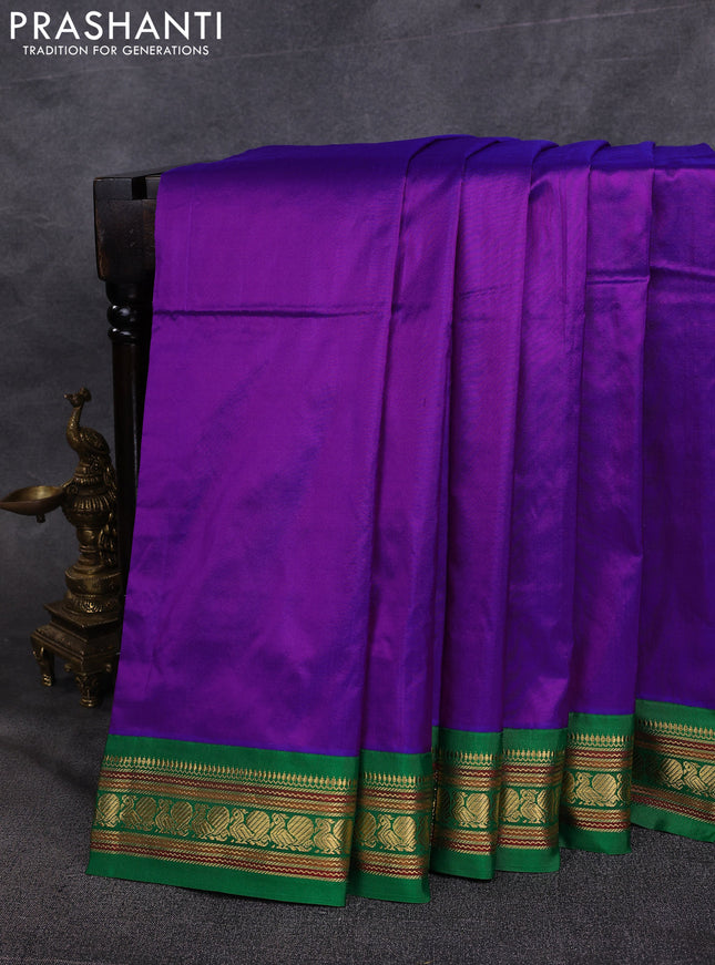 10 Yards pure kanchipuram silk saree purple and green with plain body and annam zari woven korvai border