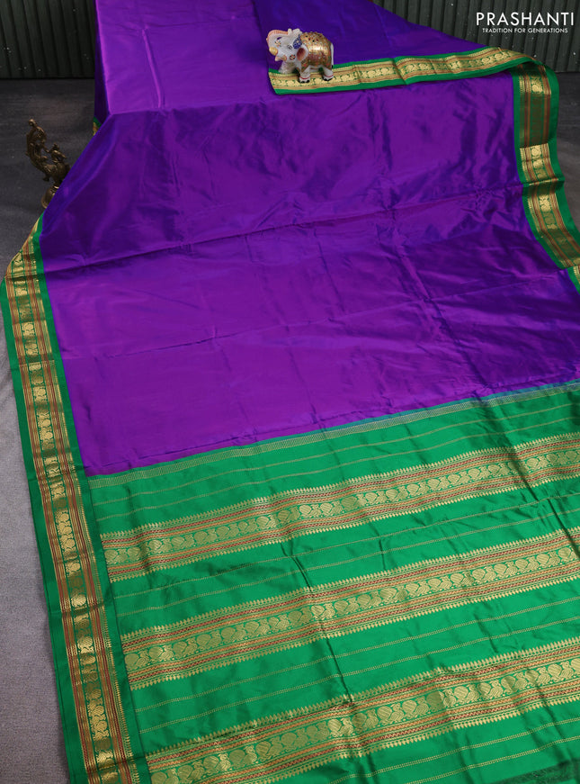 10 Yards pure kanchipuram silk saree purple and green with plain body and annam zari woven korvai border