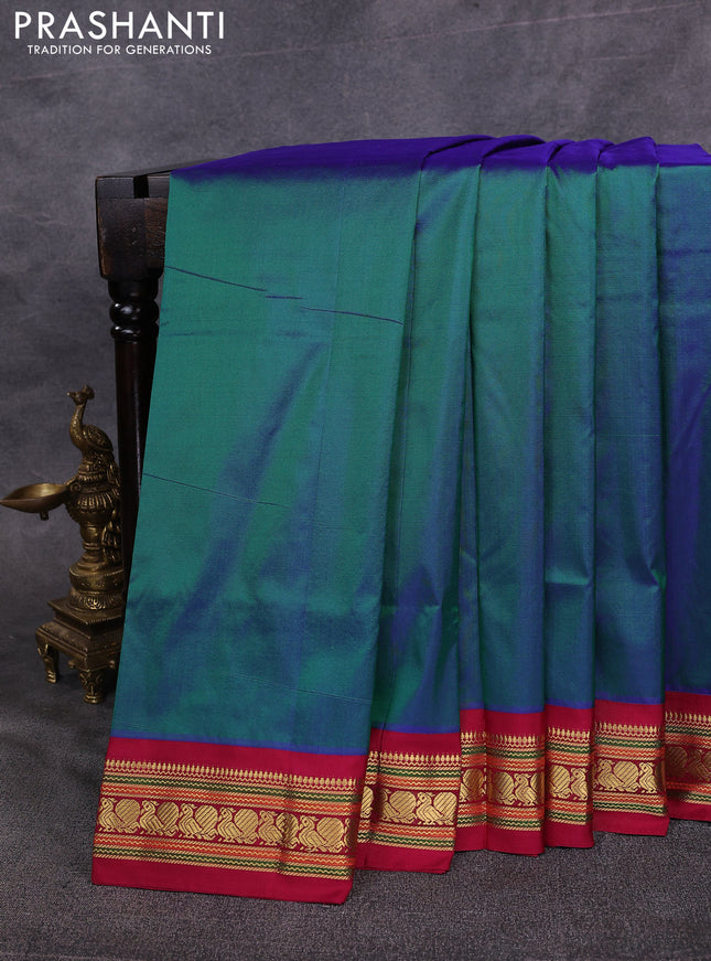 10 Yards pure kanchipuram silk saree dual shade of peacock green and maroon with plain body and zari woven korvai border