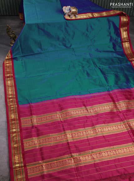 10 Yards pure kanchipuram silk saree dual shade of peacock green and maroon with plain body and zari woven korvai border