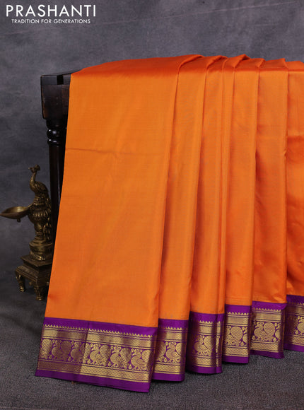 10 Yards pure kanchipuram silk saree orange and purple with plain body and annam zari woven korvai border