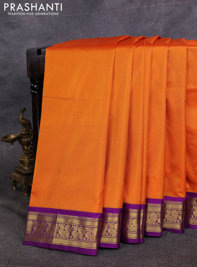 10 Yards pure kanchipuram silk saree orange and purple with plain body and annam zari woven korvai border