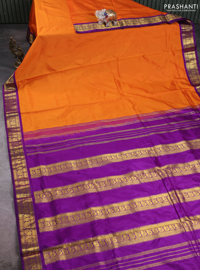 10 Yards pure kanchipuram silk saree orange and purple with plain body and annam zari woven korvai border