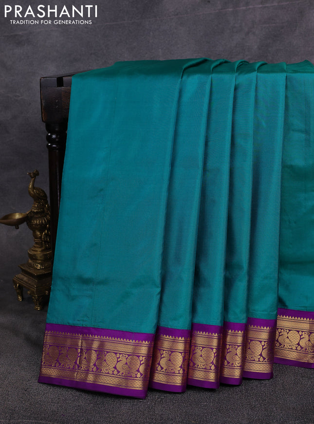 10 Yards pure kanchipuram silk saree teal green and purple with plain body and annam zari woven korvai border