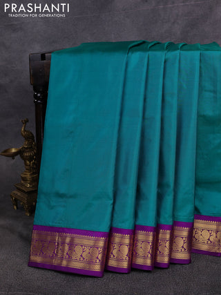 10 Yards pure kanchipuram silk saree teal green and purple with plain body and annam zari woven korvai border