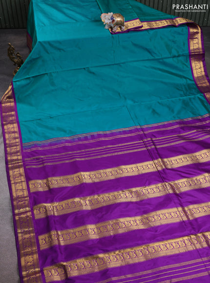 10 Yards pure kanchipuram silk saree teal green and purple with plain body and annam zari woven korvai border
