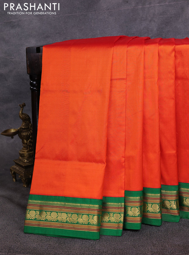 10 Yards pure kanchipuram silk saree orange and green with plain body and zari woven korvai border