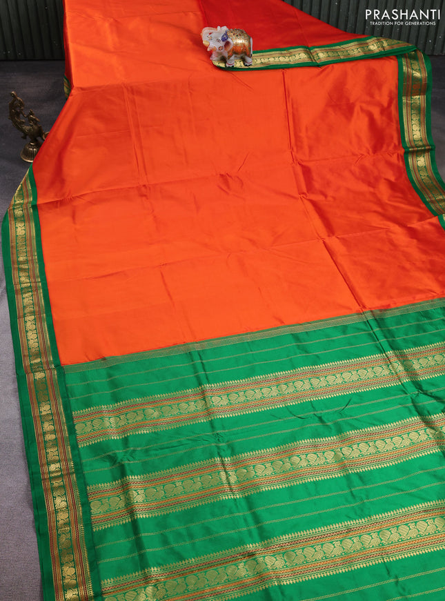 10 Yards pure kanchipuram silk saree orange and green with plain body and zari woven korvai border