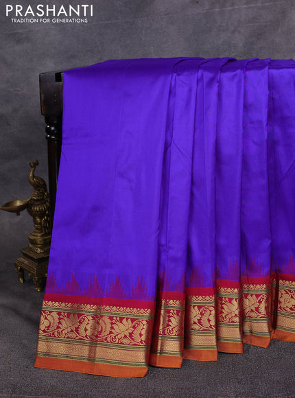 10 Yards pure kanchipuram silk saree blue and maroon with plain body and temple design zari woven border