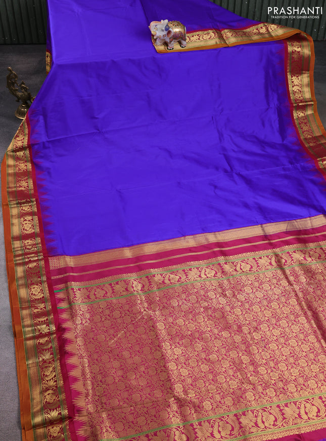 10 Yards pure kanchipuram silk saree blue and maroon with plain body and temple design zari woven border
